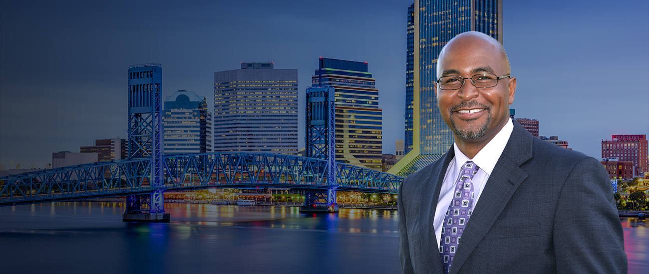 Attorney with a city skyline at the background